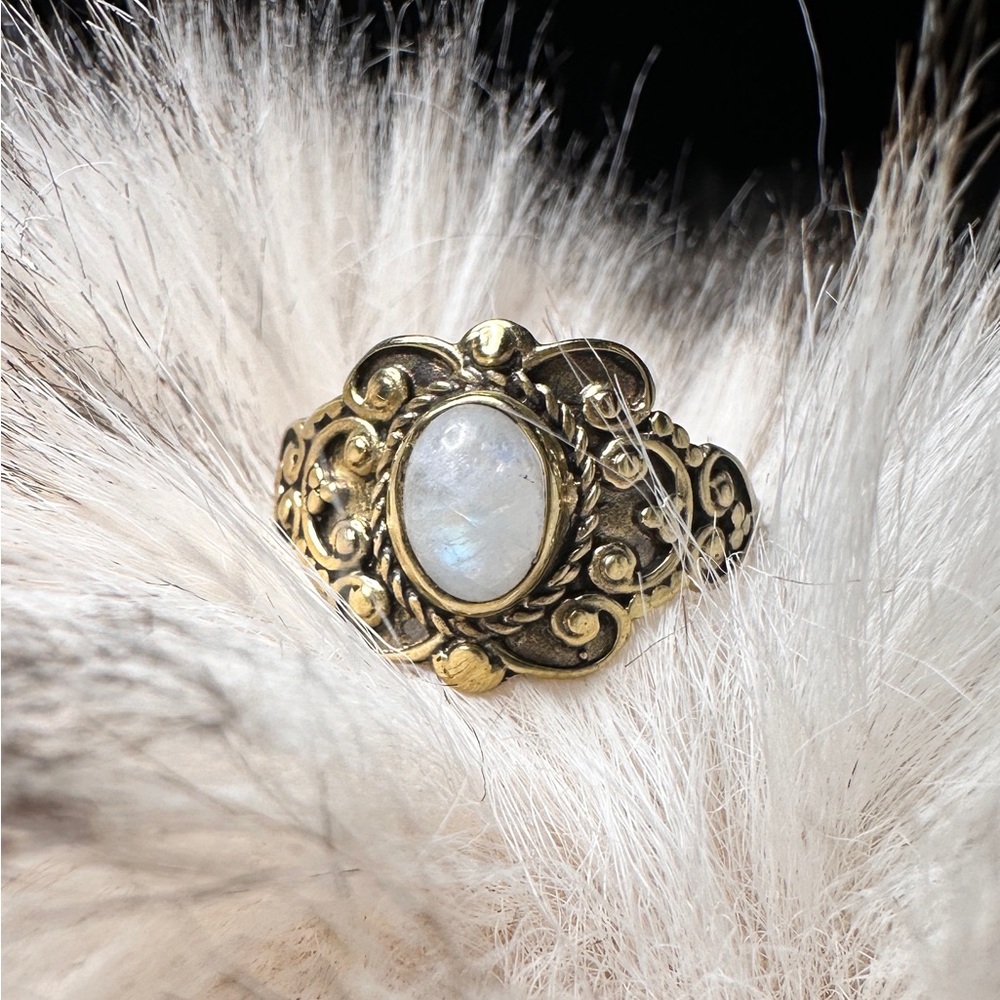 Solid Brass Filigree Moonstone Solitaire Ring - image 1